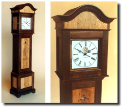 Grandmother clock, 66h x 16w 11d, birdseye maple, walnut