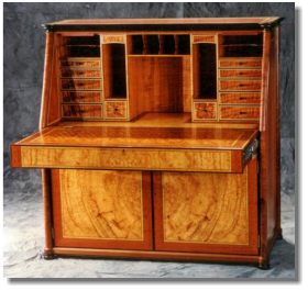 Drop leaf desk, 53"w x 54"h x 25"d, camphor burl, ohia, curly koa, eucalyptus saligna, tamarine crotch