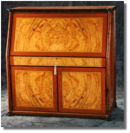 Drop leaf desk, 53"w x 54"h x 25"d, camphor burl, ohia, curly koa, eucalyptus saligna, tamarine crotch