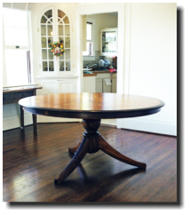 Table, 62: diameter x 30"h, curly koa with kamani pedestal